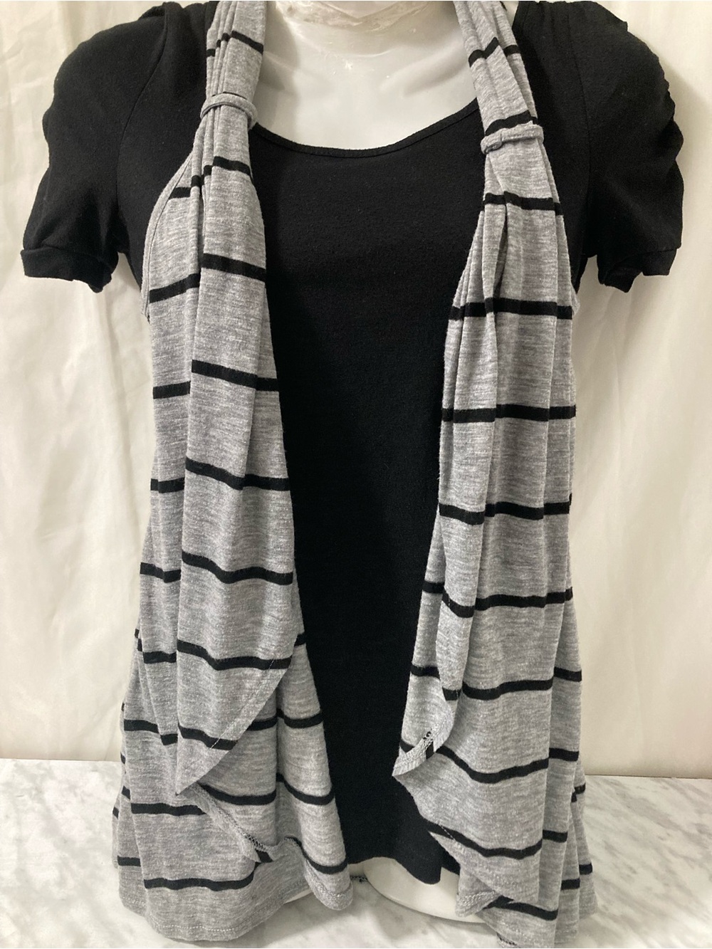 SWS Black Grey Striped Draped Scarf Top Short Sleeve Size S